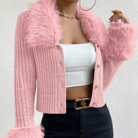 Pink Women's Casual Minimalist Patchwork Faux Fur & Pearl Button Cardigan - Picture 5 of 8